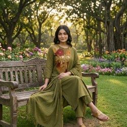 A line kurta set with Neck Beautiful vibrant floral print Olive Green