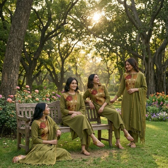 A line kurta set with Neck Beautiful vibrant floral print Olive Green