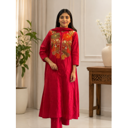 A line kurta set with Neck Beautiful vibrant floral print Red