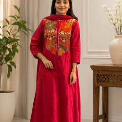 A line kurta set with Neck Beautiful vibrant floral print Red