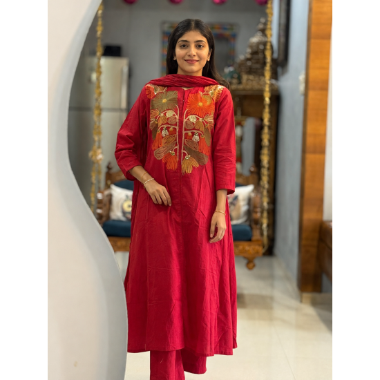 A line kurta set with Neck Beautiful vibrant floral print Red