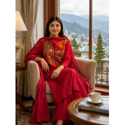 A line kurta set with Neck Beautiful vibrant floral print Red
