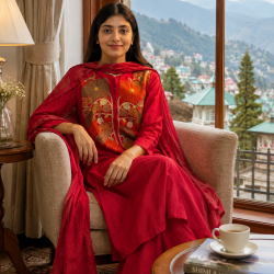 A line kurta set with Neck Beautiful vibrant floral print Red