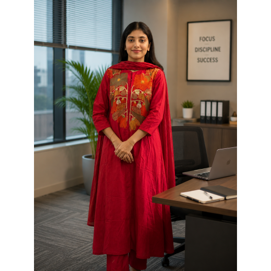 A line kurta set with Neck Beautiful vibrant floral print Red