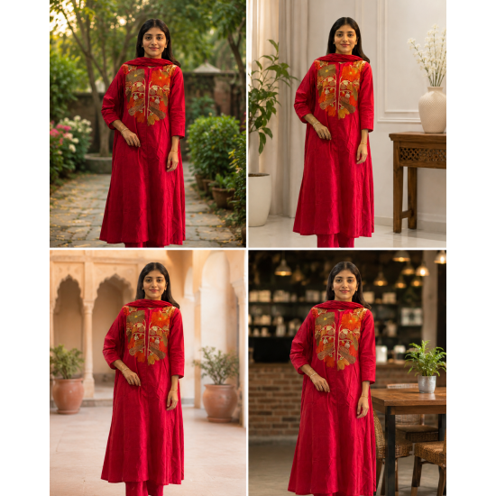 A line kurta set with Neck Beautiful vibrant floral print Red