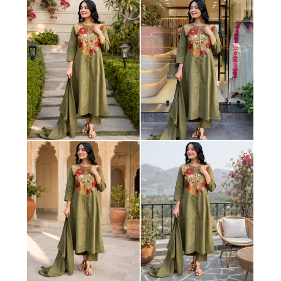 A line kurta set with Neck Beautiful vibrant floral print Olive Green