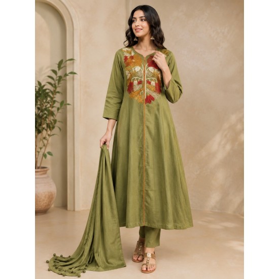 A line kurta set with Neck Beautiful vibrant floral print Olive Green