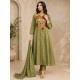 A line kurta set with Neck Beautiful vibrant floral print Olive Green