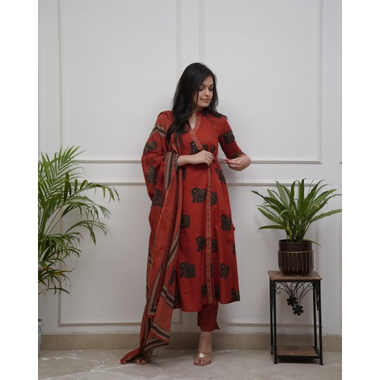 Frock style kurta with side Dori attached heavy tassel with pattern pant & dupatta