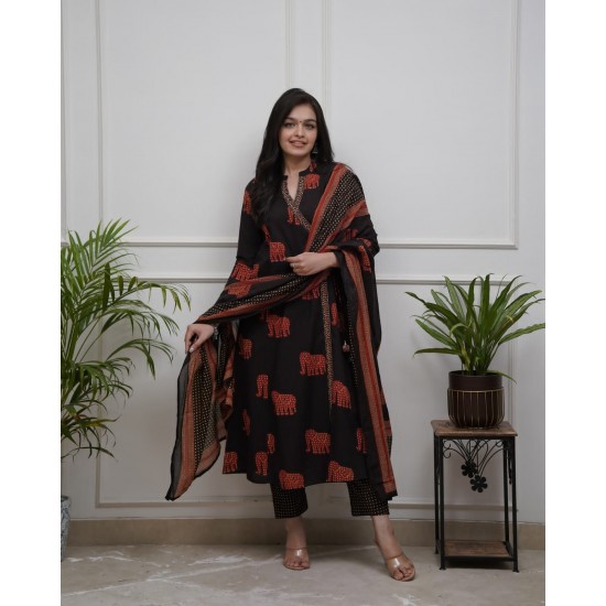 Frock style kurta with side Dori attached heavy tassel with pattern pant & dupatta