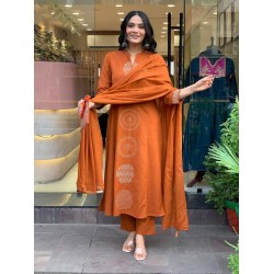 Abstract cotton 3 Piece set for work & casual wear floral on kurta & slit with highlights and beautiful placed dupatta