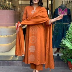 Abstract cotton 3 Piece set for work & casual wear floral on kurta & slit with highlights and beautiful placed dupatta