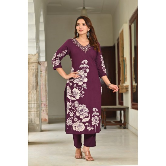 Kurta with V neck and beautifully design on neck in rayon silk fabric.
