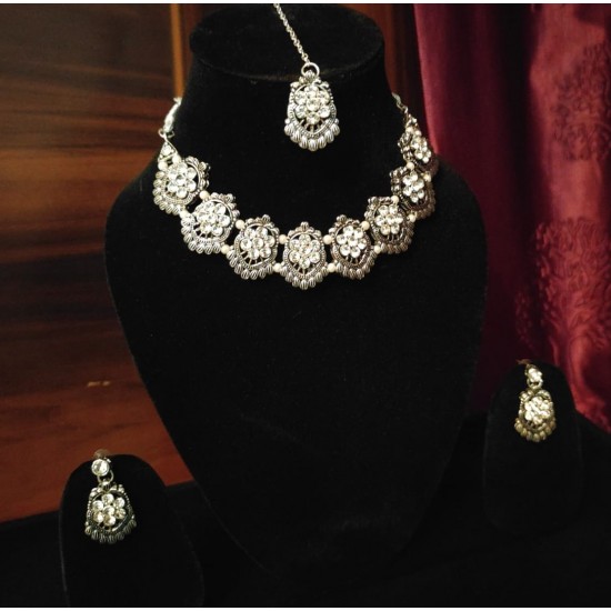 Oxidised Silver Brass Chokar Jewel Set