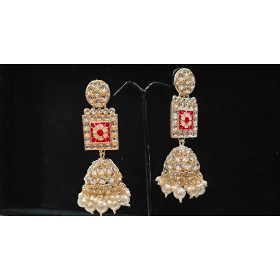 Kundan White Bead Jhumka Earrings | Heavy Party Wear Jewellery Beads Brass Jhumki Earring