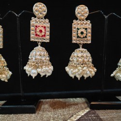 Kundan White Bead Jhumka Earrings | Heavy Party Wear Jewellery Beads Brass Jhumki Earring