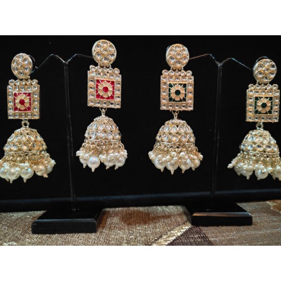 Kundan White Bead Jhumka Earrings | Heavy Party Wear Jewellery Beads Brass Jhumki Earring