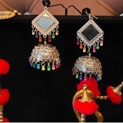 Oxidized Silver Mirror Work Jhumka Earrings with Beaded Danglers