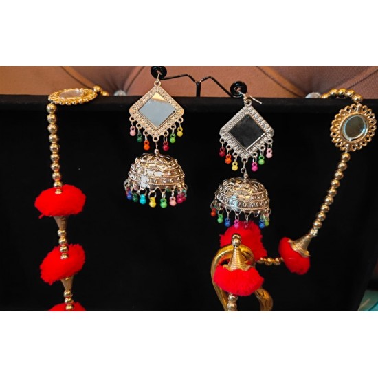 Oxidized Silver Mirror Work Jhumka Earrings with Beaded Danglers