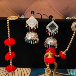 Oxidized Silver Mirror Work Jhumka Earrings with Beaded Danglers