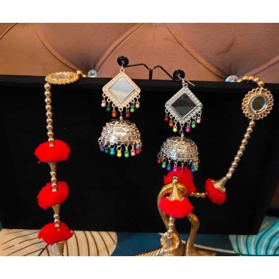 Oxidized Silver Mirror Work Jhumka Earrings with Beaded Danglers