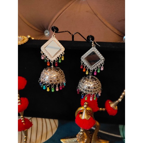 Oxidized Silver Mirror Work Jhumka Earrings with Beaded Danglers