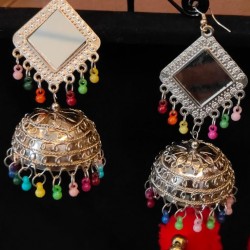 Oxidized Silver Mirror Work Jhumka Earrings with Beaded Danglers