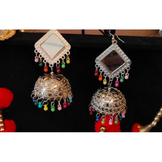 Oxidized Silver Mirror Work Jhumka Earrings with Beaded Danglers