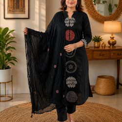 Abstract cotton 3 Piece set for work & casual wear floral on kurta & slit with highlights and beautiful placed dupatta Blue