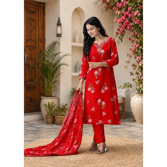 Enjoy Your Festival & wedding with Our Beautiful 3pc suit set with chiffon dupatta with beautiful design Red