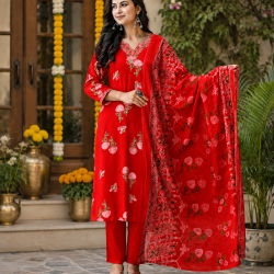Enjoy Your Festival & wedding with Our Beautiful 3pc suit set with chiffon dupatta with beautiful design Red