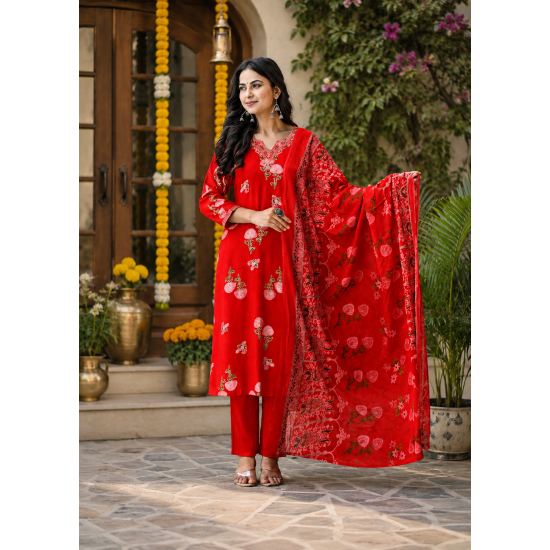 Enjoy Your Festival & wedding with Our Beautiful 3pc suit set with chiffon dupatta with beautiful design Red