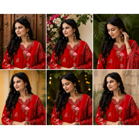 Enjoy Your Festival & wedding with Our Beautiful 3pc suit set with chiffon dupatta with beautiful design Red