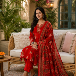 Enjoy Your Festival & wedding with Our Beautiful 3pc suit set with chiffon dupatta with beautiful design Red