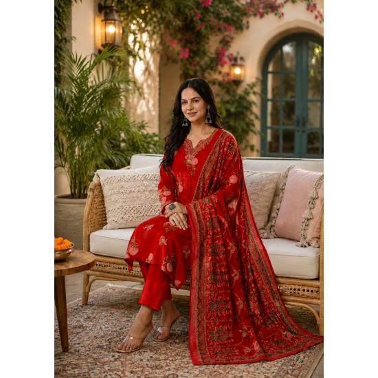 Enjoy Your Festival & wedding with Our Beautiful 3pc suit set with chiffon dupatta with beautiful design Red