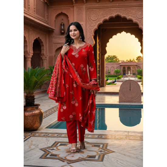Enjoy Your Festival & wedding with Our Beautiful 3pc suit set with chiffon dupatta with beautiful design Red