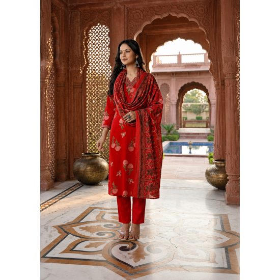 Enjoy Your Festival & wedding with Our Beautiful 3pc suit set with chiffon dupatta with beautiful design Red