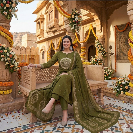 Elevate your ethnic wardrobe with this elegant special suit set Olive Green