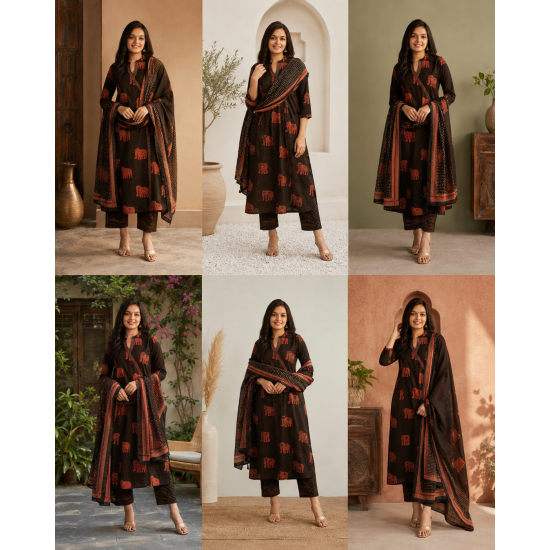 Frock style kurta with side Dori attached heavy tassel with pattern pant & dupatta Black