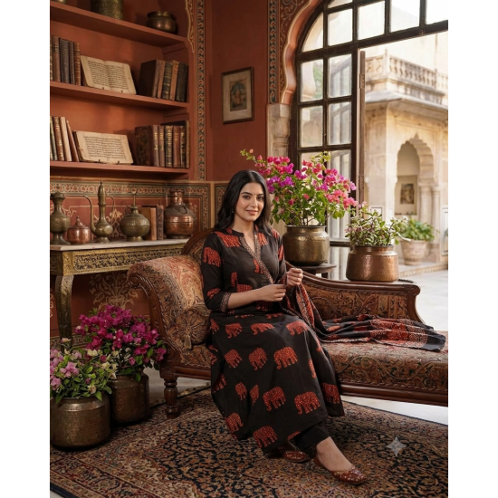 Frock style kurta with side Dori attached heavy tassel with pattern pant & dupatta Black