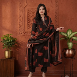 Frock style kurta with side Dori attached heavy tassel with pattern pant & dupatta Black