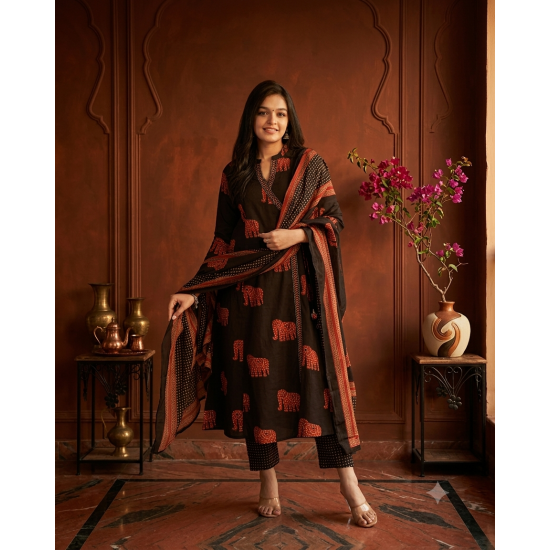 Frock style kurta with side Dori attached heavy tassel with pattern pant & dupatta Black
