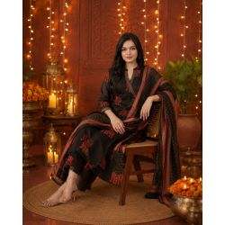 Frock style kurta with side Dori attached heavy tassel with pattern pant & dupatta Black
