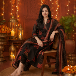 Frock style kurta with side Dori attached heavy tassel with pattern pant & dupatta Black