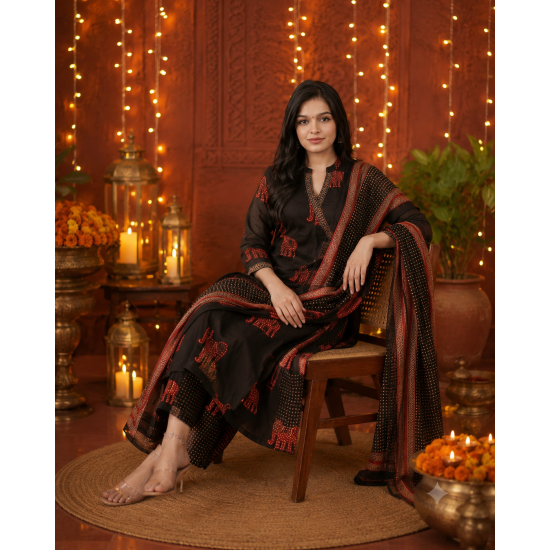 Frock style kurta with side Dori attached heavy tassel with pattern pant & dupatta Black