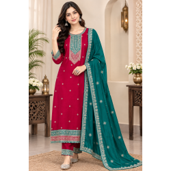 Femy Trend ethnic collection with this elegant Women Embroidered Kurta Pant with Dupatta Set Red Color