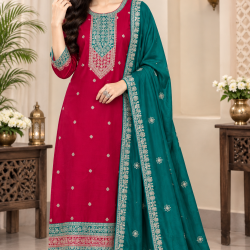 Femy Trend ethnic collection with this elegant Women Embroidered Kurta Pant with Dupatta Set Red Color