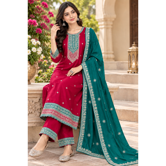 Femy Trend ethnic collection with this elegant Women Embroidered Kurta Pant with Dupatta Set Red Color