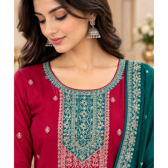 Femy Trend ethnic collection with this elegant Women Embroidered Kurta Pant with Dupatta Set Red Color