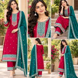 Femy Trend ethnic collection with this elegant Women Embroidered Kurta Pant with Dupatta Set Red Color